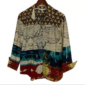 MISHCA Top Shirt Blouse Mixed Prints Map Turn Back Cuffs Sz XL